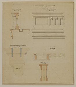 216521 Plattegrond, opstand en doorsneden van de leuning van de galerij van het ontwerp voor een wachthuis op de plaats ...